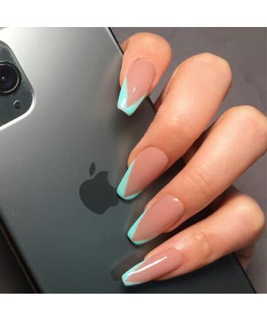 Brishow coffin artificial nails french false nails shiny ballerina acrylic press the nails full cover 24 pieces for women and girls (b)