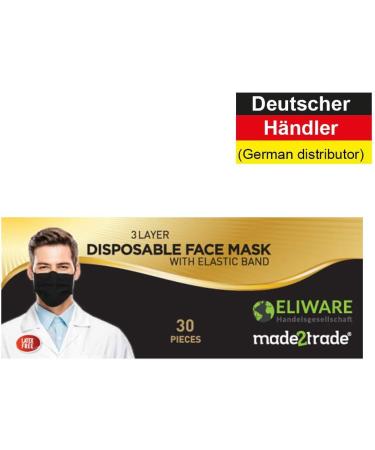 Made2Trade 30-Pack 3-Ply Disposable Masks - Black with Nose Clip - Fiberglass-Free - International Shipping Available - Buy Online on GoSupps.com