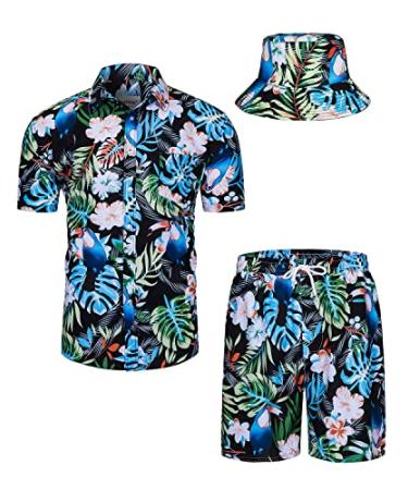 TUNEVUSE Mens Hawaiian Shirts and Shorts Set 2 Pieces Tropical Outfit Flower Print Button Down Beach Suit with Bucket Hats Black208 3X-Large
