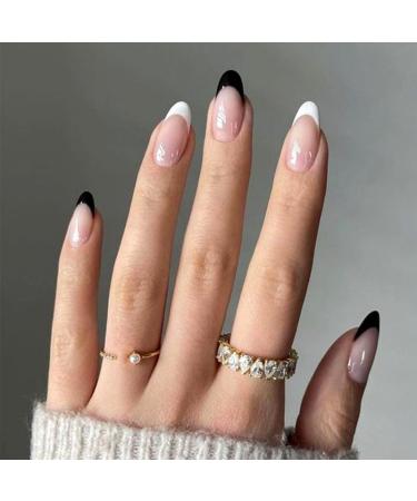 24Pcs Press on Nails Short French Tips Fake Nails Acrylic Almond Shape False Nails Reusable Black White Artificial Nails for Women Girls