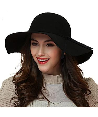 ASSQI Women's 100% Wool Foldable Wide Brim Retro Fedora Floppy Felt Bowler Hat Black