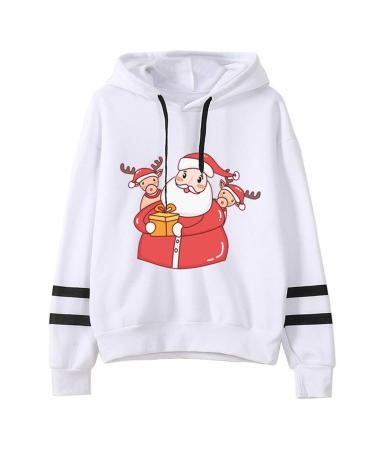 Bigfanshu Womens Dresses Christmas Printing Stripe Round Collar Long Sleeves Sweater Tops White