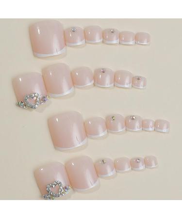 French Tip Press On Toenails for Women | White Square Toe Nail Press-Ons with Heart Rhinestones | Classy Wedding Designs - Buy Online on GoSupps.com