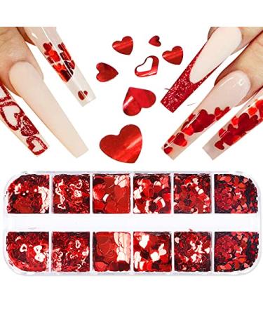 JMEOWIO Nail Glitter Heart Valentine's Day Nail Art Decoration Nail Design Accessories for Women Girls - Red
