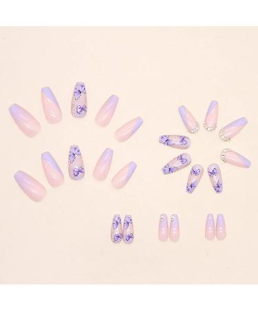 24 Pcs Medium Length Purple Butterfly Rhinestone Press on Nails - Full Cover False Nails for Women and Girls - Buy Online on GoSupps.com