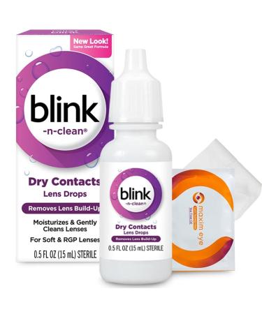 Blink-N-Clean Lens Drops Blink Eye Drops for Contact Lenses 15 ml Cleans & Moisturizes for Soft & RGP Lens Wearers Bundled with 1 Tea Tree Oil Eyelid/Eyelash Wipe 1 Pack (15ml)