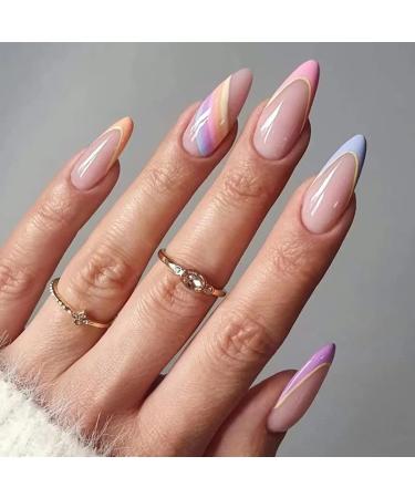 BSLVWG 24 pieces almond press on nails short multi -colored French stick on nails with wave patterns nude swirl false nails short for women oval artificial nails with glue for nails art (01)