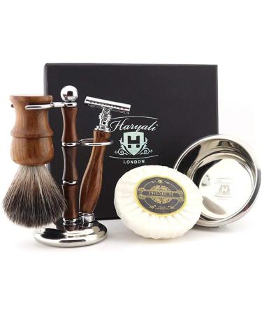 Haryali London Men's Wooden Shaving Set Double Edge Safety Razor Synthetic Badger Brush Stand Bowl and Soap