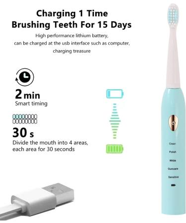 AIPOEXUNO Electric Toothbrush - Rechargeable Sonic Toothbrush with 5 Brush Heads for Adults and Kids, 5 Modes, USB Fast Charge, Smart Timing Reminder - Blue/White - Buy Online on GoSupps.com