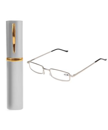 Cold toy feather hinges reading glasses women men metal narrow small mini light reading aid visual aid clear work glasses strength with case (silver 1.50)