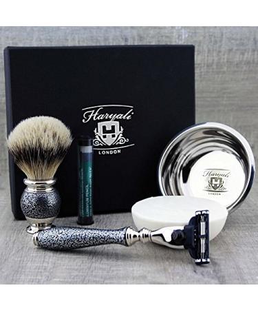 5Pc Mens Shaving Kit 3 Edge Razor With Silver Tip Badger Hair Shaving Brush Soap Bowl and Alum Perfect Set For Men