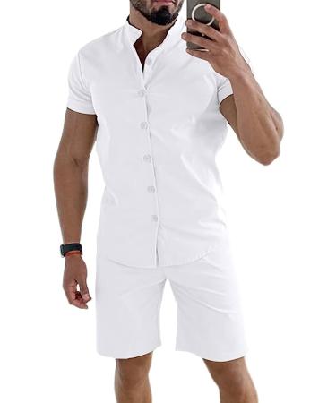 Uni Clau Men's 2 Piece Short Set | Button Down Shirt + Shorts | Beach Tracksuit, White - Medium - Buy Online on GoSupps.com