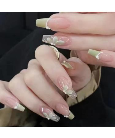 24Pcs/Set Press On Nails Long Ballet Nails With Pearl Natural Fresh Camellia Flowers False Nails Acrylic Fake Nails Full Cover Nails Tips Artificial Finger Manicure Press on nails for Women and Girls - Buy Online on GoSupps.com