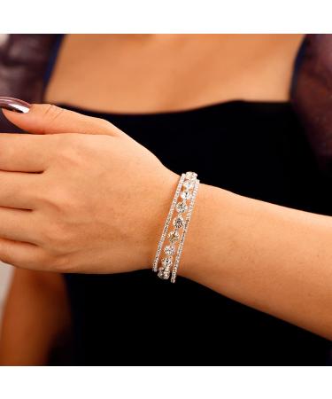 Xerling Dainty Full Crystal Multi Row Bracelets for Women Rhinestones Hand Chain Jewelry Wrist Bangle Bracelets for Girls Prom Wedding (Type C-Silver)