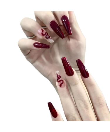 Temperament-enhancing manicure hand-made custom-made armor red snake is a long French style a set of high-grade hand-made armor with white feeling.(M)
