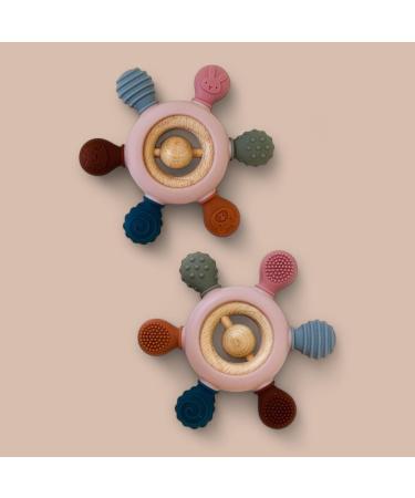 Teething ring with ball - animal motif made of silicone and wood color pink