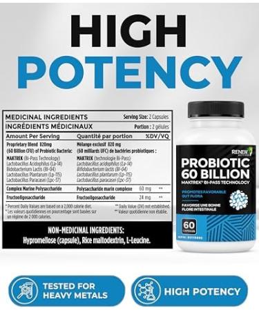 Renew Actives Probiotic Supplement for Digestive Health 60 Billion CFU per 2 Capsules - Advanced Formula with Prebiotic Benefits - Supports Gut Flora Balance & Wellness - Made in Canada - 60 Capsules - Buy Online on GoSupps.com
