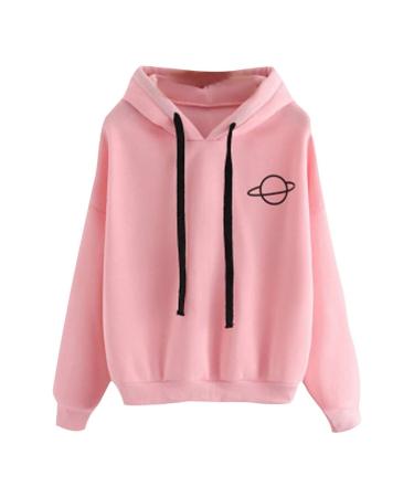 Bigfanshu Women's Sweatshirts Loose Casual Printed Hooded Hoodies Female Pullover Solid Blouse Tops Pink