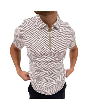 Cookinty Polo Shirts for Men Striped Pattern Golf Shirt Button Down Short Sleeve Mens Shirts Casual Athletic Tennis Shirts Z05# Beige Large