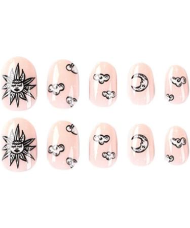 Justotry 24 Pcs Short Oval False Nails with Moon Pattern Pink French Press on Nails - Cartoon Galaxy Fake Nails with Nail Glue for Women's Nail Art - Buy Online on GoSupps.com