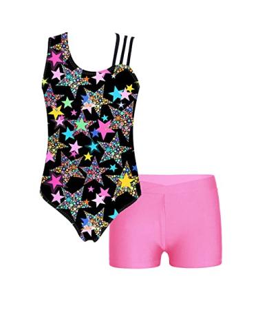MSemis Athletic 2 Pcs Gymnastics Leotard Shorts for Girls One Piece Ballet Dance Top with Booty Shorts Starry Black 6 Years