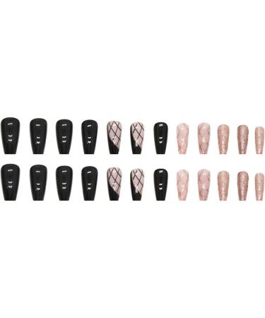 Justotry 24 Pcs Tartan False Nails Long Black French Press on Nails with Gold Swirl Ballerina Design - Acrylic Coffin Fake Nails Medium with Glue for Women's Nail Art - Buy Online on GoSupps.com