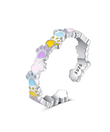 Qings paw dog adjustable rings 925 sterling silver cats paw open rings colorful paw print animal ring sweet footprints birthday gift for girls women paw a