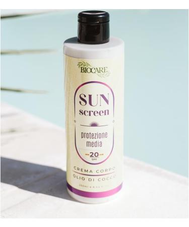 BIOCARE SHOP srl SUN SCREEN Uva 20 SPF Medium Protection Sun cream with medium protection suitable for already lightly tanned skin The kiss of the sun on the skin 250 ml Biocare Made in Italy - Buy Online on GoSupps.com