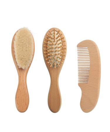 Haominnaqi 3-Piece Wooden Baby Hair Brush and Comb Set for Newborns and Toddlers- Baby Brush Set for Newborns - Toddler Comb - Perfect Scalp Grooming Product for Infant  Toddler  Kids