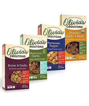 Olivia's Croutons Variety Pack - Butter & Garlic, Parmesan Pepper, Garlic, Organic Garlic Herb, 4.5 oz. (Pack of 4)