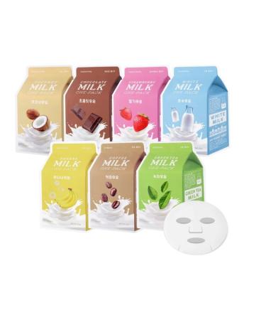 A pieu Milk Sheet Mask (7 flavors in 1 pack) with Milk Essence to mildly exfoliate  hydrate  and brighten - Korean skincare for normal to dry skin.