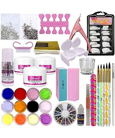 Acrylic nail set acrylic powder transparent pink white 3 colors glitter powder 12 pieces acrylic fluid nail art set nail tip nail decorations nail brush kits