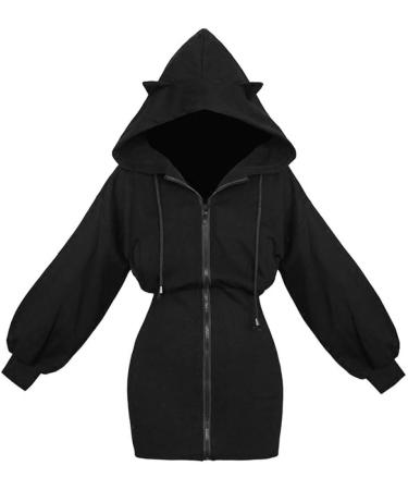 Bigfanshu Women's Harajuku Long Sweatshirt Black Punk Gothic Hoodies Hoody Zip-Up Autumn Cute Ear Cat - Buy Online on GoSupps.com