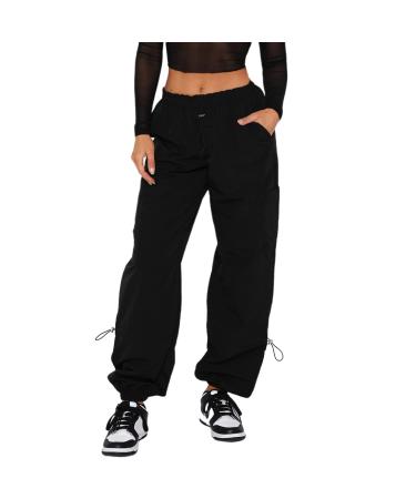Women's Low Waist Cargo Pants Casual Solid Color Harajuku Vintage Y2K Low Rise Baggy Jogger Relaxed Cinch Pants Parachute Pants Drawstring-black Medium