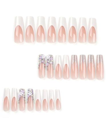 Long Press on Nails Coffin | BAOYAALIN White Fake Nails with 3D Flowers & Rhinestones | Full Cover Acrylic Gel Glue on Nails for Women & Girls - Perfect for Weddings | A01 - Buy Online on GoSupps.com