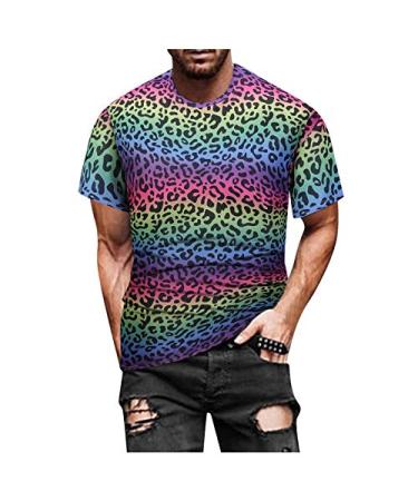 Shirts for Men Crew Neck T-Shirts Rainbow Leopard Prints Short Sleeve Casual Tees Short Blouse Multicolor Large