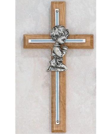 Blue Boys Wall Cross Oak - Made in The USA for Baby Christening - KeegansCatholicTreasures - Baptism Shower Gift - Buy Online on GoSupps.com