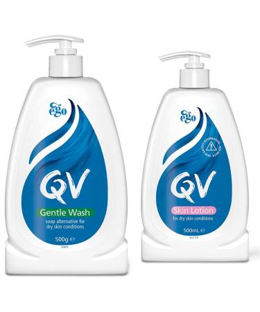 QV Gentle Wash 500g Soap-Free Moisturising Low Irritant PH Balanced Body Wash for Eczema and Dry Skin Conditions & Qv Lotion 500Ml 500 ml (Pack of 1) Pump Bottle + Skin Lotion 500ml