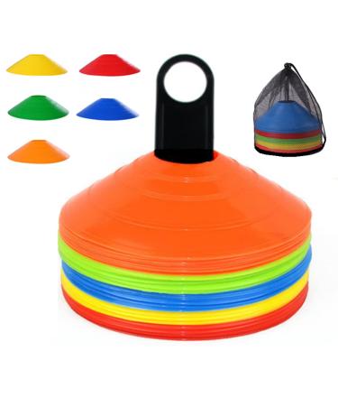 YOQXHY Soccer Cones (50 Pcs) Disc Cone Agility Training Sports Cone Plastic with Carry Bag & Holder for Kids Football Basketball Drills Field Markers, 5 Colors