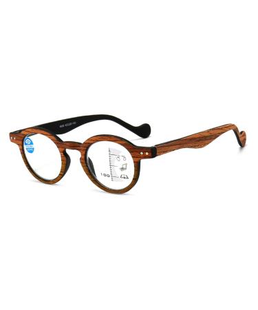 Fashion Wood Grain Round Frame Reading Glasses for Men Women Progressive Multifocus Anti Blue Light Readers(Couleur:Brown Grandeur:2.0x)