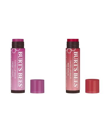 Burt's Bees 2-Pack Tinted Lip Balm Duo with Sweet Violet and Fiery Red Dahlia Shades Long Lasting Hydrating Formula Infused with Shea Butter and Botanical Waxes