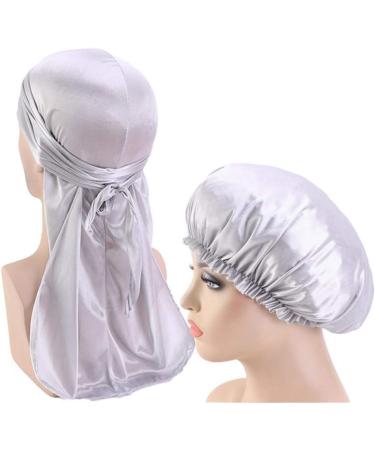 Durag and Bonnet Set - 2pcs Satin Long Tail Doo Rag & Elastic Sleep Cap - Solid Gray Color - One Size - International Shipping Available - Buy Online on GoSupps.com