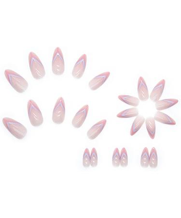24 Pcs Almond Pink French Tip False Nails | Short Press on Nails with Designs | Acrylic Fake Nails for Women | Blue & Pink Nail Art - Buy Online on GoSupps.com