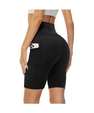 Missluck Cycling Shorts Women with Pockets Short Sports Pants High Waist Leggings Opaque Shorts in Summer L-XL Black