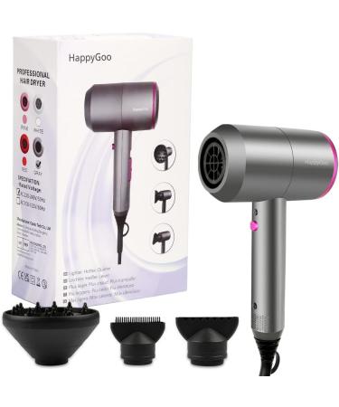 HappyGoo Hair Dryer Professional Ionic Hairdryer with 2 Speed 3 Heat Setting Cool Shot Button 1 Diffuser & 2 Concentrator for Women Man Gray - Buy Online on GoSupps.com