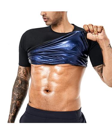 BODYSUNER Sauna Sweat Suits Shirt Waist Trainer for Men Compression Vest Workout Gym Clothes Sweat Enhancer Short Sleeve Blue Large