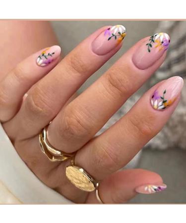 24Pcs Short Press on Nails Almond  Round Fake Nails with Little Flowers Design False Nails with Glue Acrylic Nails Glossy Glue on Nails Spring press on nails For Women Girls Styles-4