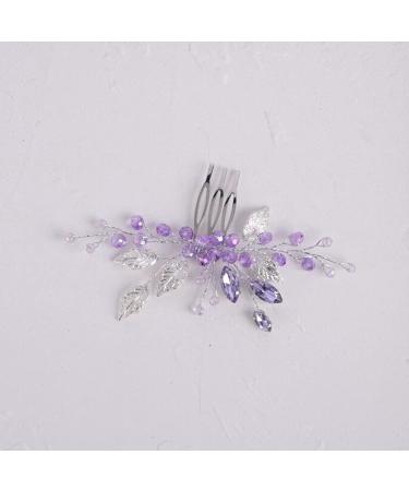 YERTTER Wedding Crystal Leaf Bridal Hair Comb Clip | Pearl Hair Accessory for Bride Bridesmaid Flower Girls - Purple & Silver - Buy Online on GoSupps.com