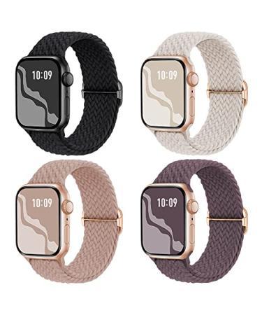 Braided Stretchy Solo Loop Compatible for Apple Watch Band 38mm 40mm 41mm 42mm 44mm 45mm 49mm for Women Men Nylon Elastic Straps Wristbands for iWatch Series 8 7 6 SE 5 4 3 2 1 Ultra 4Packs Black/Starlight/Nude Pink/Smoke Violet 38/40/41mm