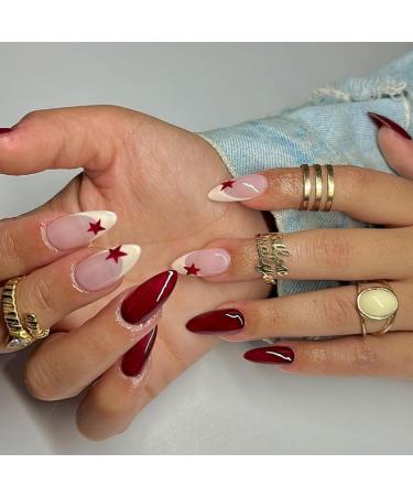 24Pcs/Set Press On Nails Brown five pointed star European and American sweet cool style False Nails Acrylic Fake Nails Full Cover Nails Artificial Finger Manicure Press on nails for Women and Girls